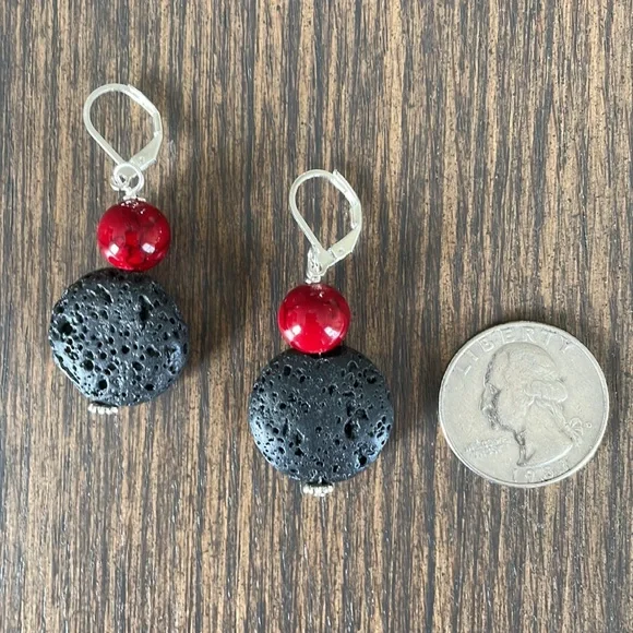 HAND CRAFTED LAVA ROCK EARRINGS Black Lava Rock “Coins” Red Glass Beads - Picture 4 of 12